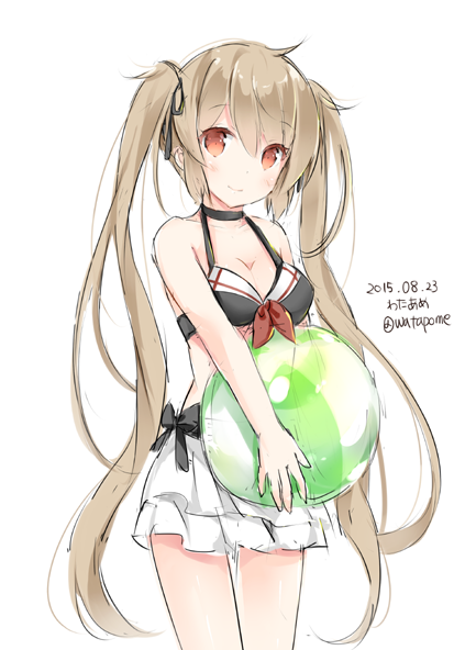 1girl artist_name ball beachball blonde_hair da kantai_collection long_hair murasame_(kantai_collection) red_eyes simple_background skirt solo swimsuit twintails very_long_hair wataame27 white_background