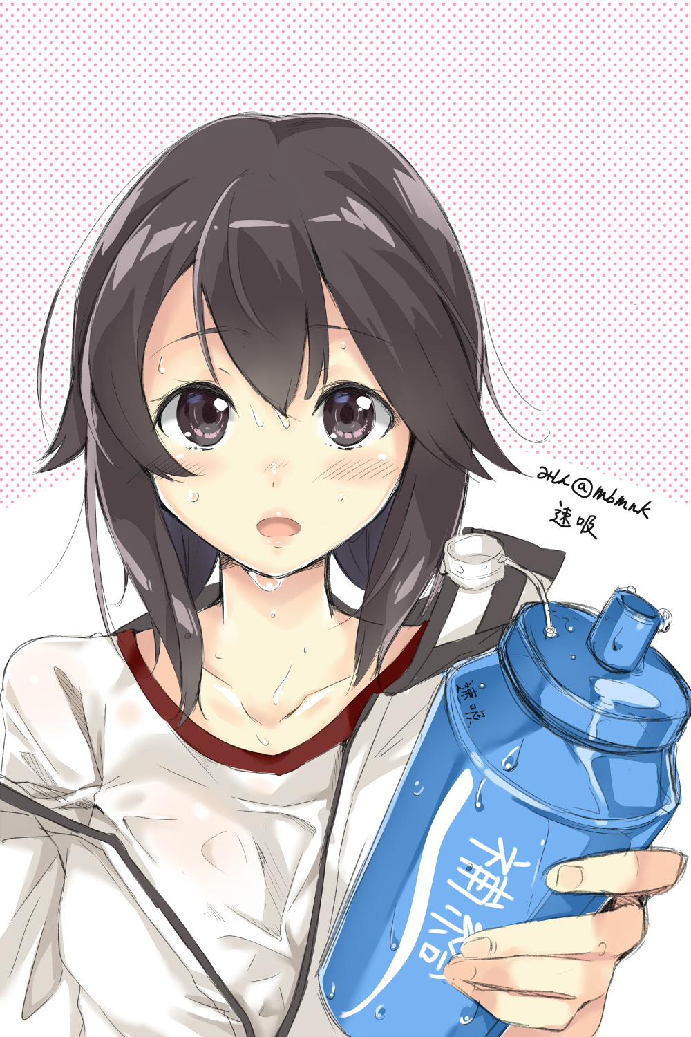 1girl black_hair blush commentary_request dripping grey_eyes gym_shirt hayasui_(kantai_collection) highres hot kantai_collection looking_at_viewer mishin_(mbmnk) offering_drink open_mouth shirt short_hair solo sweat sweating sweaty track_jacket twitter_username wet wet_clothes zipper