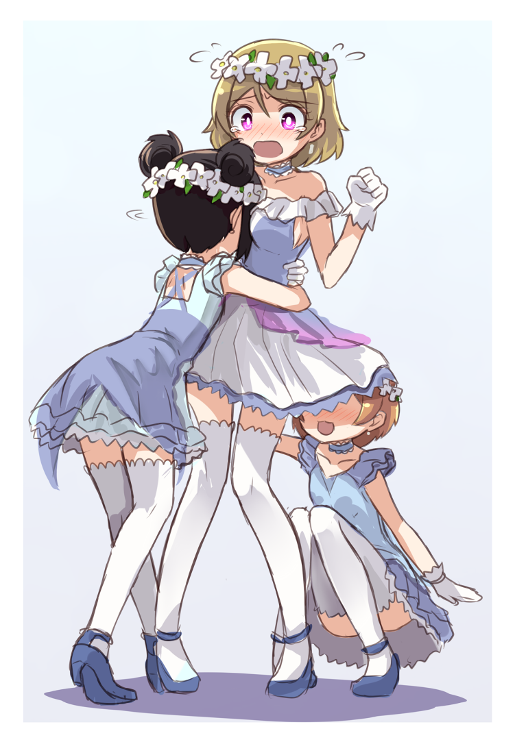 3girls :3 alternate_costume alternate_hairstyle bent_knees between_breasts black_hair blush breasts clenched_hands commentary_request double_bun dress embarrassed frilled_sleeves frills gloves head_between_breasts head_wreath hoshizora_rin hug koizumi_hanayo light_brown_hair love_live!_school_idol_project multiple_girls off_shoulder open_mouth shikei_(jigglypuff) short_hair short_sleeves tears thigh-highs under_skirt violet_eyes white_dress white_gloves white_legwear yazawa_nico yume_no_tobira zettai_ryouiki