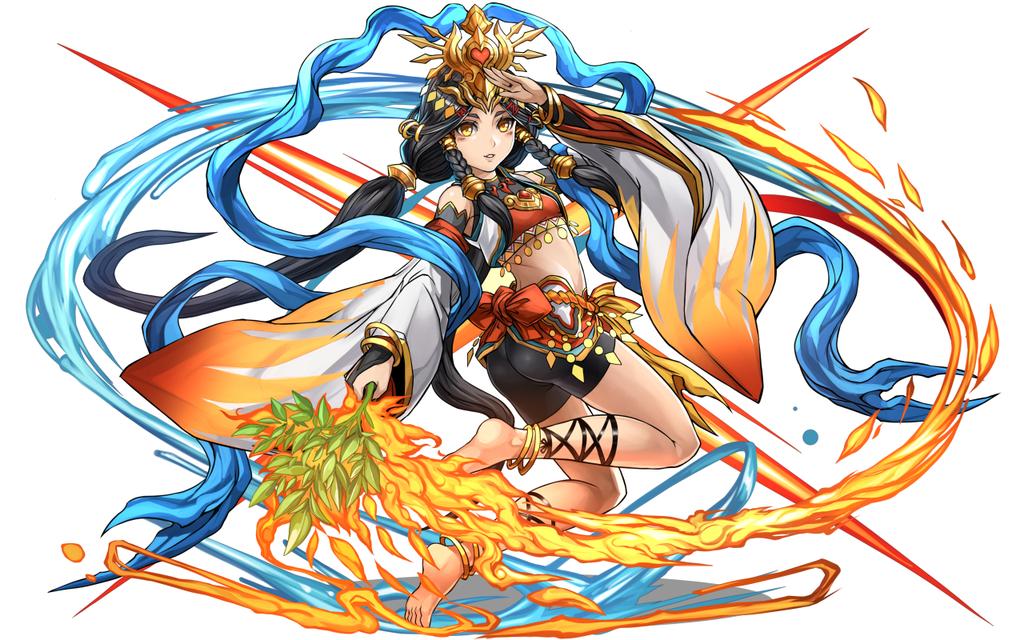 1girl ame_no_uzume_(p&amp;d) ass bare_shoulders barefoot bike_shorts black_hair branch flame headdress looking_at_viewer low_ponytail navel official_art open_mouth puzzle_&amp;_dragons shawl sidelocks smile solo wide_sleeves yellow_eyes