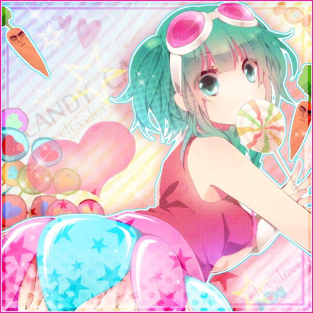 1girl aqua_eyes aqua_hair candy candy_candy_(song) carrot dress gumi hina_(milk_ti_leaf) lollipop looking_at_viewer pink_border sleeveless sleeveless_dress solo song_name sweets text vocaloid