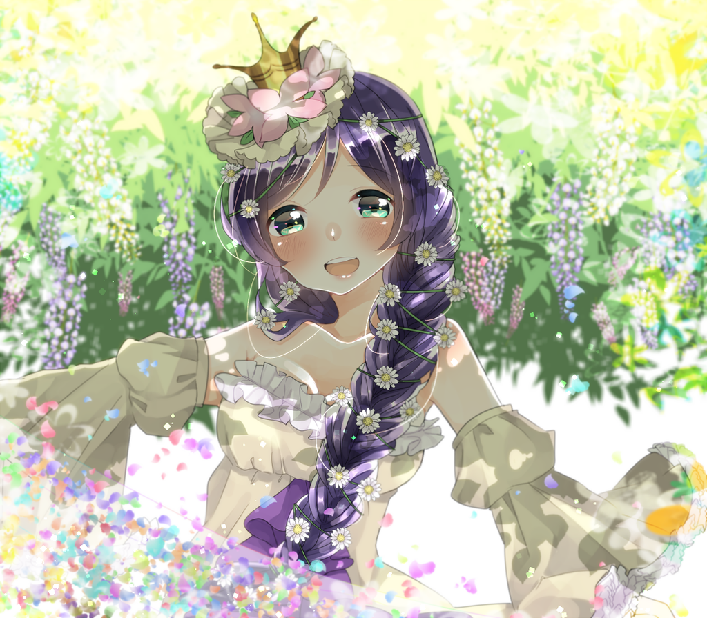 blush braids crown dress green_eyes long_hair love_live!_school_idol_project smile toujou_nozomi vines violet_hair