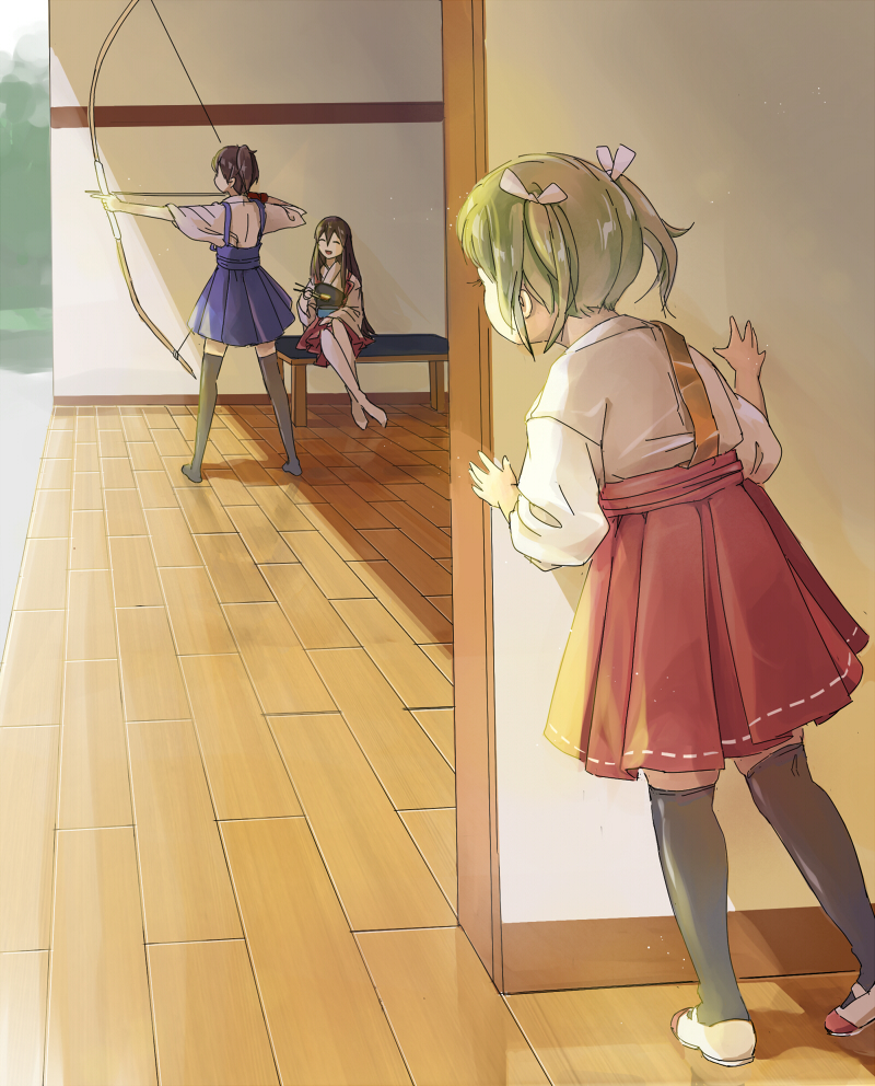 3girls akagi_(kantai_collection) bow_(weapon) brown_hair closed_eyes from_behind hair_between_eyes japanese_clothes kaga_(kantai_collection) kantai_collection long_hair looking_at_another multiple_girls peeping short_hair short_twintails sitting standing thigh-highs training twintails weapon wooden_floor younger zahlia_h zuikaku_(kantai_collection)