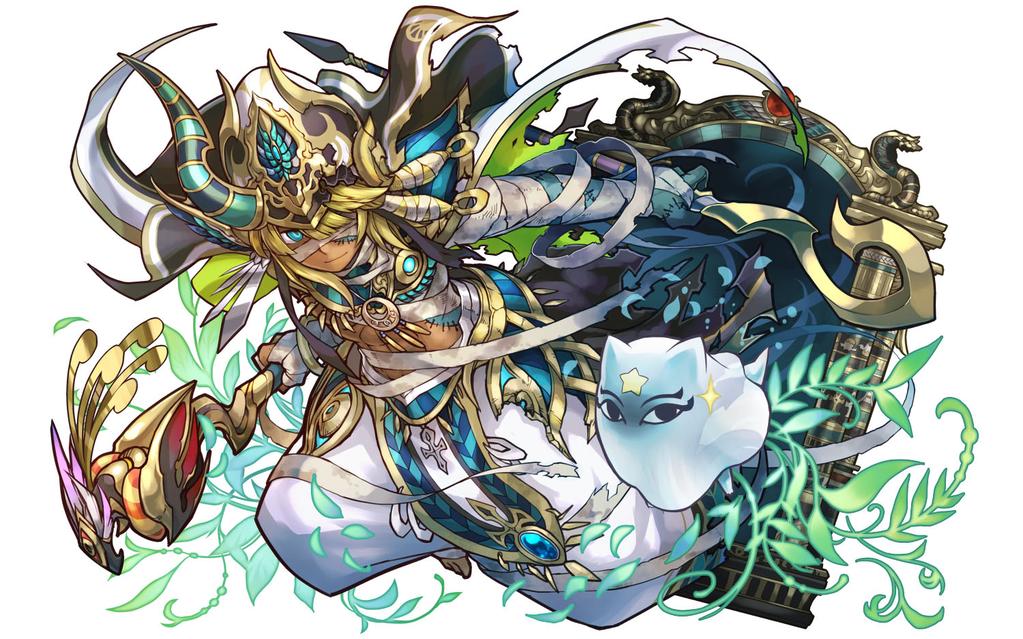 1boy bandages blonde_hair blue_eyes doorway hair_ornament headdress looking_at_viewer medjed official_art osiris_(p&amp;d) puzzle_&amp;_dragons smile solo staff tan