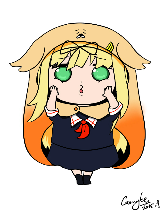 1girl blonde_hair doma_umaru doma_umaru_(cosplay) green_eyes hamster_costume hands_on_own_cheeks hands_on_own_face himouto!_umaru-chan kantai_collection no_pupils o3o open_mouth signature solo tagme yuudachi_(kantai_collection)