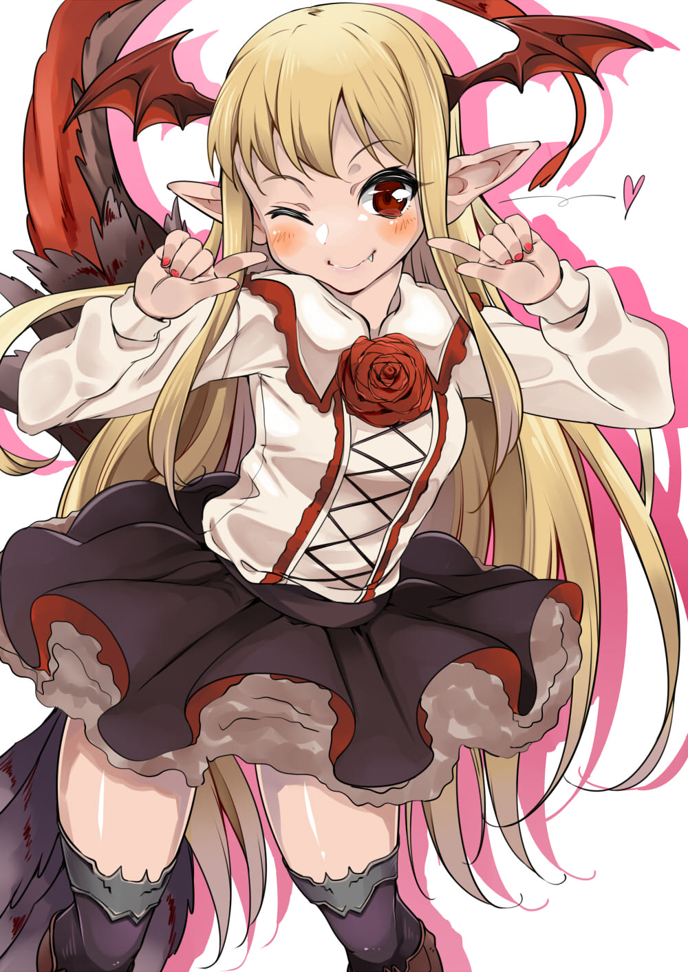 1girl ;) bangs bat_wings black_legwear black_skirt blush cowboy_shot demon_tail fang fang_out firo flower granblue_fantasy head_wings heart highres index_finger_raised long_hair long_sleeves multiple_tails nail_polish one_eye_closed pointy_ears red_nails red_rose rose shingeki_no_bahamut shirt silhouette simple_background skirt smile solo tail thigh-highs vampy very_long_hair white_background white_shirt wings zettai_ryouiki