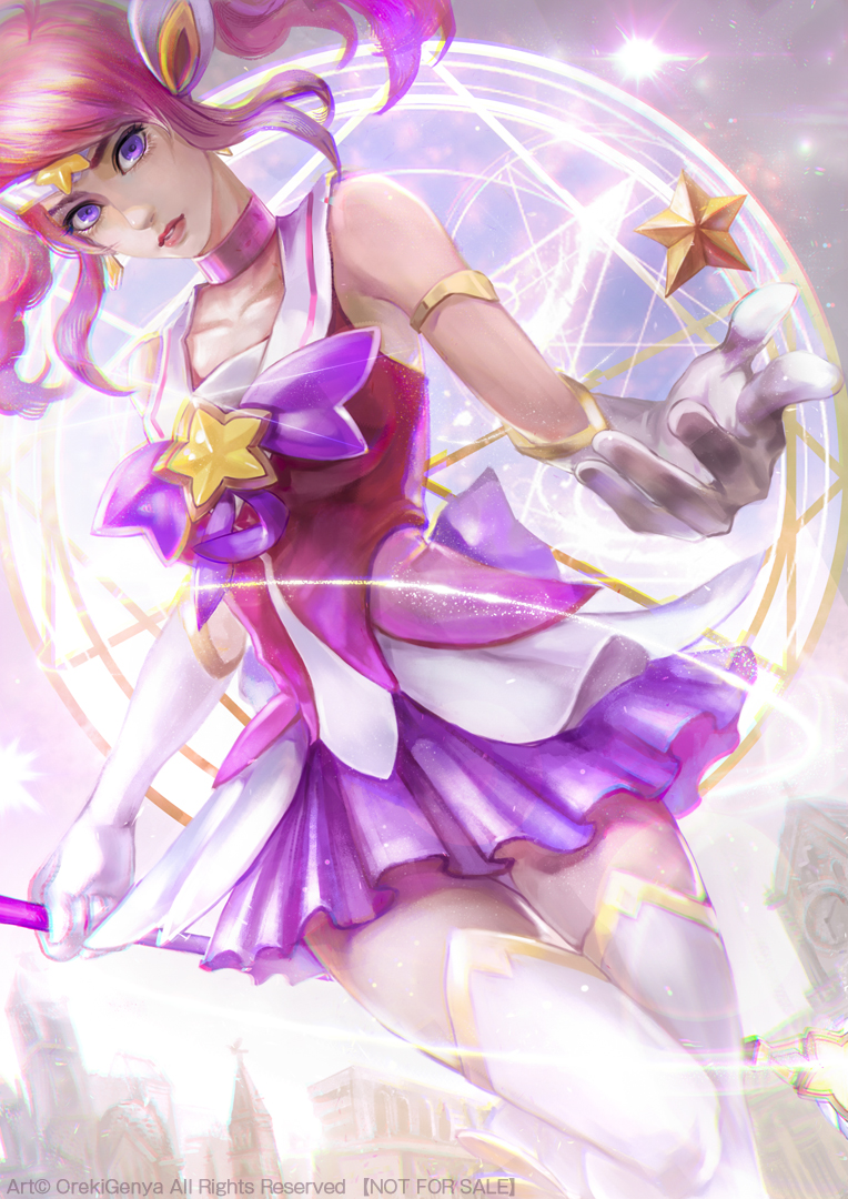 1girl alternate_costume alternate_hair_color choker elbow_gloves gloves league_of_legends lips lipstick looking_at_viewer luxanna_crownguard magic_circle magical_girl makeup nose oreki_genya outstretched_hand pink_hair sidelocks skirt solo star star_guardian_lux thigh-highs tiara twintails violet_eyes white_gloves white_legwear