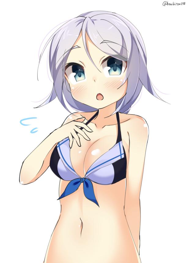 1girl :o alternate_costume arm_behind_back bare_shoulders bikini bikini_top blue_eyes blush braid flying_sweatdrops hand_on_own_chest kankitsunabe_(citrus) kantai_collection long_hair looking_at_viewer navel open_mouth silver_hair simple_background single_braid solo swimsuit twitter_username umikaze_(kantai_collection) upper_body