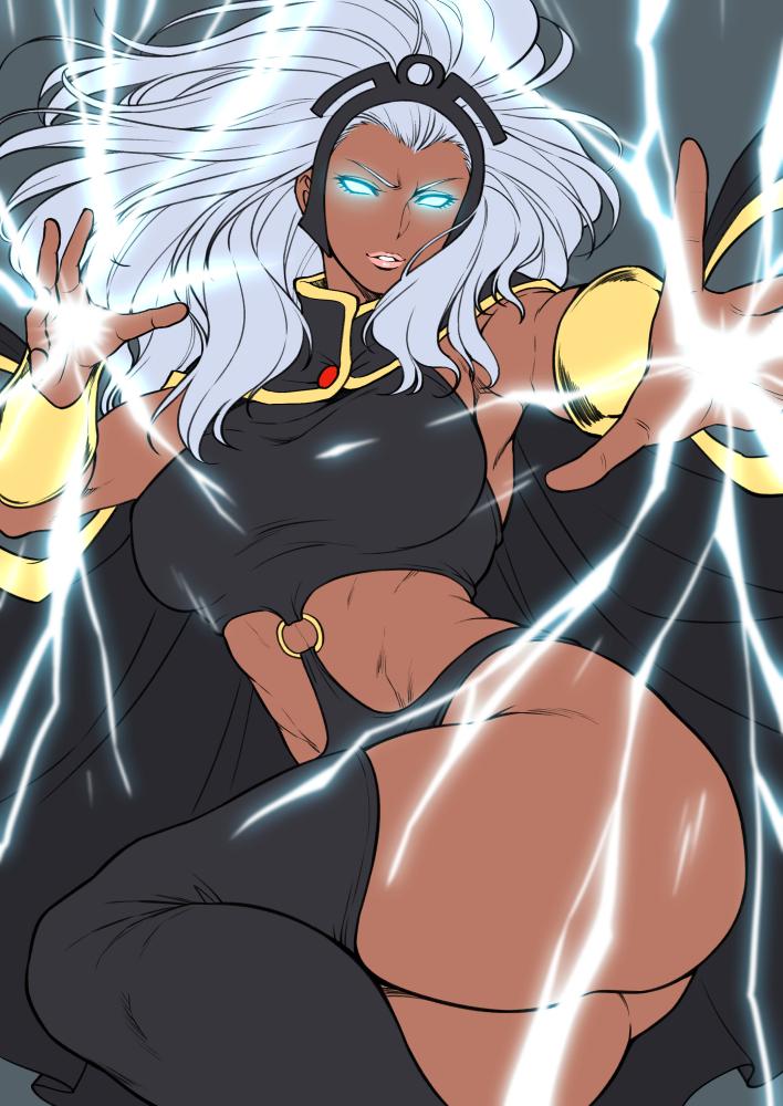 1girl armpits ass black_legwear breasts cape curvy dark_skin electricity female fighting_stance flat_color floating_hair foreshortening from_side glowing glowing_eyes headdress large_breasts leotard lips long_hair looking_at_viewer marvel midriff no_pupils o-ring_top ororo_munroe outstretched_arm parted_lips shouji_nigou simple_background solo storm_(x-men) superhero taut_clothes thick_thighs thigh-highs thighs toned vambraces white_hair x-men