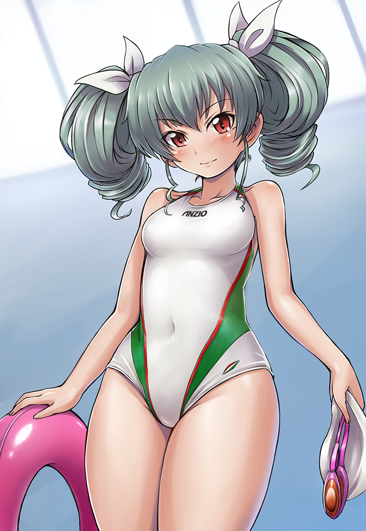 1girl anchovy girls_und_panzer goggles goggles_removed grey_hair innertube long_hair red_eyes solokov_(okb-999) standing swim_cap swimcap_removed twintails