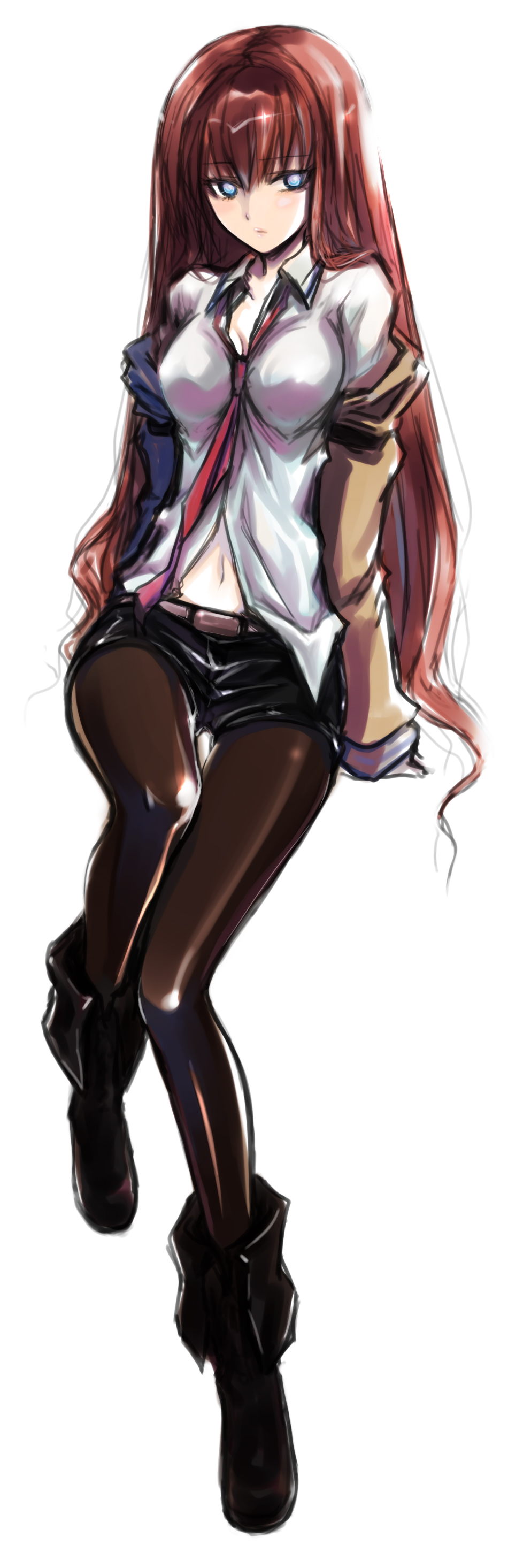 1girl absurdres artist_request blue_eyes boots breasts brown_hair cleavage highres jacket long_hair makise_kurisu navel necktie shorts simple_background solo steins;gate white_background