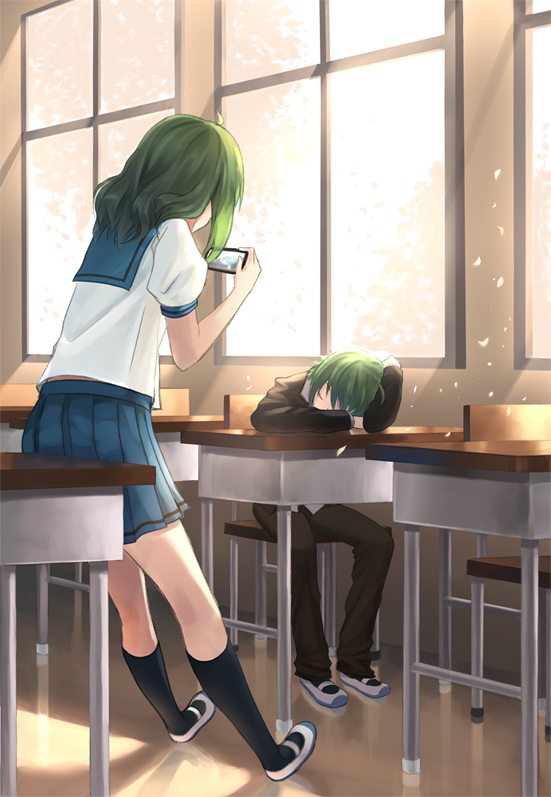 1boy 1girl ahoge cellphone closed_eyes female genderswap green_hair gumi gumiya kneehighs leaning male phone pleated_skirt sailor_collar school school_desk school_uniform shoes skirt sleeping smartphone taking_picture tsuruki_noki uwabaki vocaloid