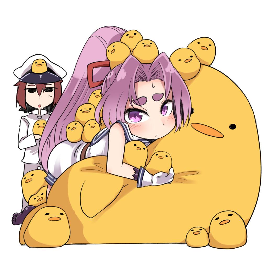 1boy 1girl :o admiral_(kantai_collection) amagaeru_(hylathewet) animal animal_on_back animal_on_hand animal_on_head bare_shoulders bird black_legwear blush brown_hair chick eyebrows gloves hair_ornament hair_ribbon hat hatsuharu_(kantai_collection) kantai_collection long_hair looking_at_viewer military military_uniform open_mouth ponytail purple_hair remodel_(kantai_collection) ribbon sailor_dress school_uniform short_eyebrows short_hair shota_admiral_(kantai_collection) simple_background stuffed_animal stuffed_toy too_many_chicks uniform very_long_hair violet_eyes white_background