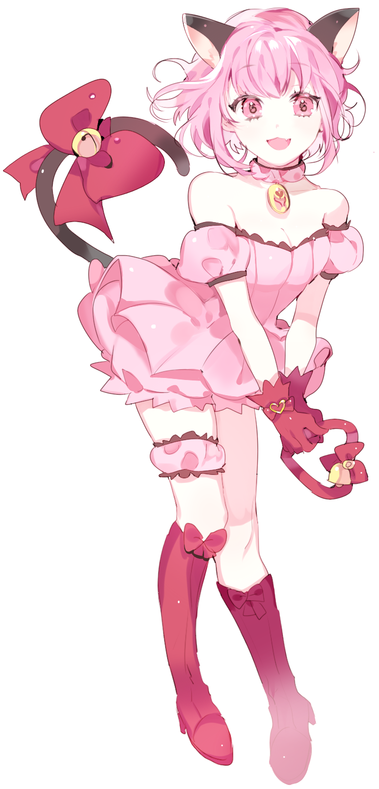 1girl :d animal_ears boots bow breasts cat_ears cat_tail cleavage dress fang full_body gloves highres looking_at_viewer momomiya_ichigo off_shoulder open_mouth pink_dress pink_eyes pink_hair piyo_(ppotatto) red_gloves short_hair simple_background smile solo symbol-shaped_pupils tail tail_bow tokyo_mew_mew white_background