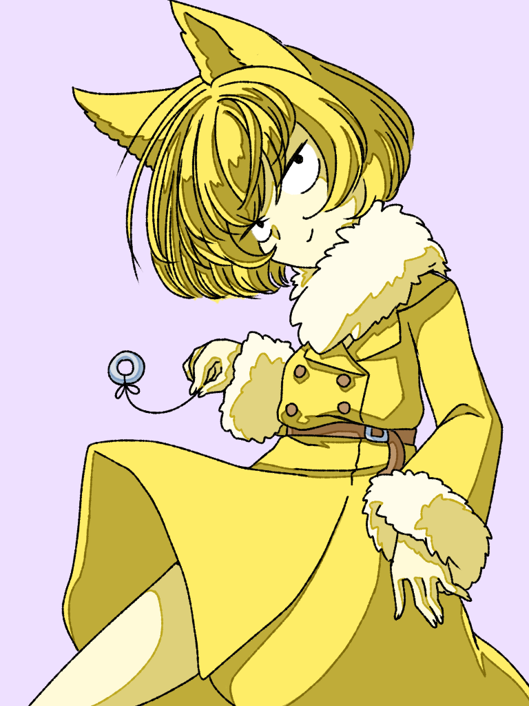 1girl animal_ears belt black_eyes blonde_hair bob_cut buttons closed_mouth coat colored_skin commentary_request fur-trimmed_coat fur-trimmed_sleeves fur_collar fur_trim gen_1_pokemon half-closed_eyes hand_up happy head_tilt holding hypno jewelry long_sleeves muguet pendulum personification pokemon pokemon_(creature) purple_background ring short_hair simple_background smile solo string yellow_coat yellow_skin