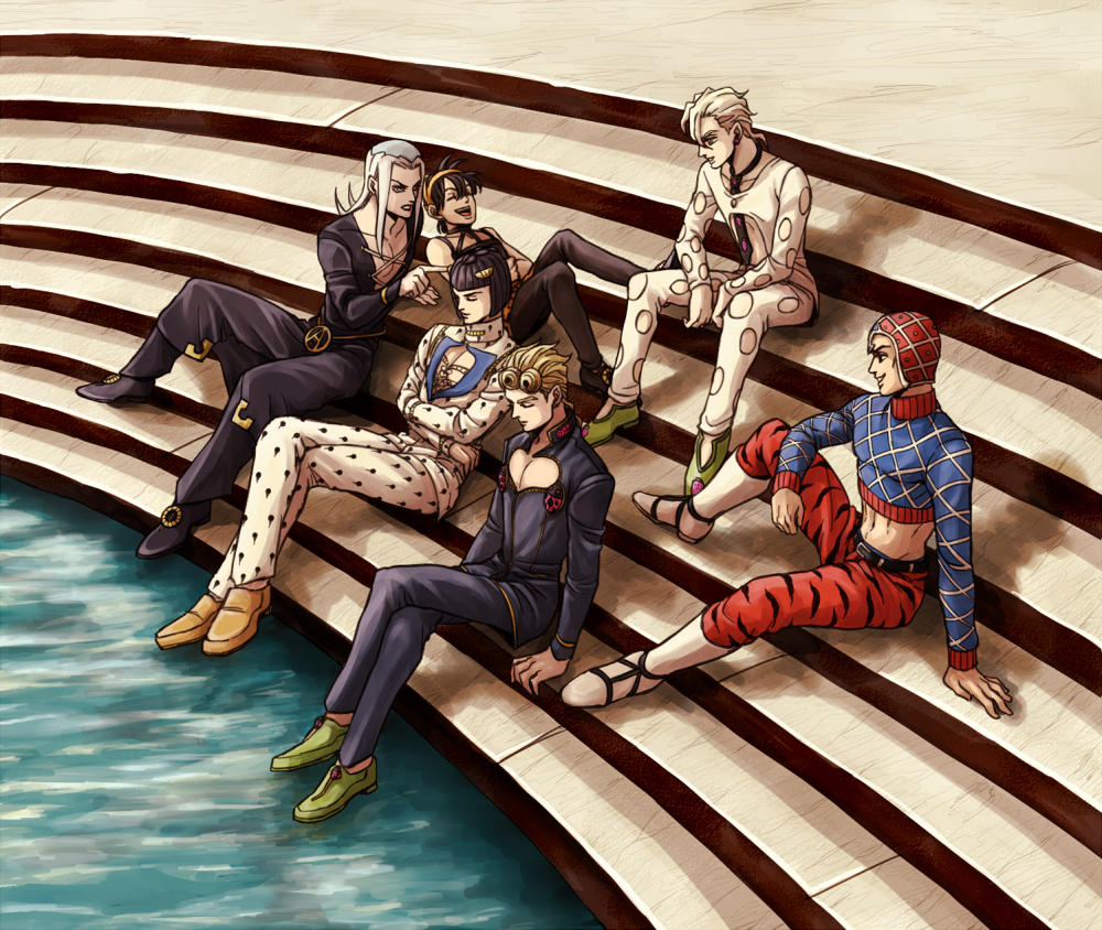 black_hair blonde_hair boots bruno_bucciarati closed_eyes crop_top crossed_arms crossed_legs giorno_giovanna grey_hair guido_mista hat jojo_no_kimyou_na_bouken laughing leone_abbachio narancia_ghirga pannacotta_fugo pointing shadow sitting stairs tnkw125 water