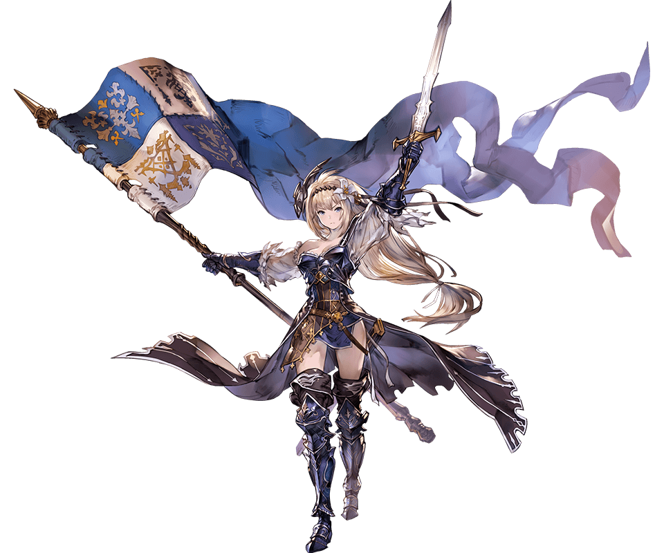 &gt;:( 1girl arm_up armor armored_dress bare_shoulders beltskirt black_legwear blonde_hair boots breasts cleavage dress flag flower frown full_body gauntlets granblue_fantasy hair_flower hair_ornament holding holding_sword holding_weapon jeanne_d'arc_(granblue_fantasy) lavender_eyes lily_(flower) long_hair low-tied_long_hair minaba_hideo official_art overskirt purple_dress short_dress solo sword thigh-highs transparent_background weapon