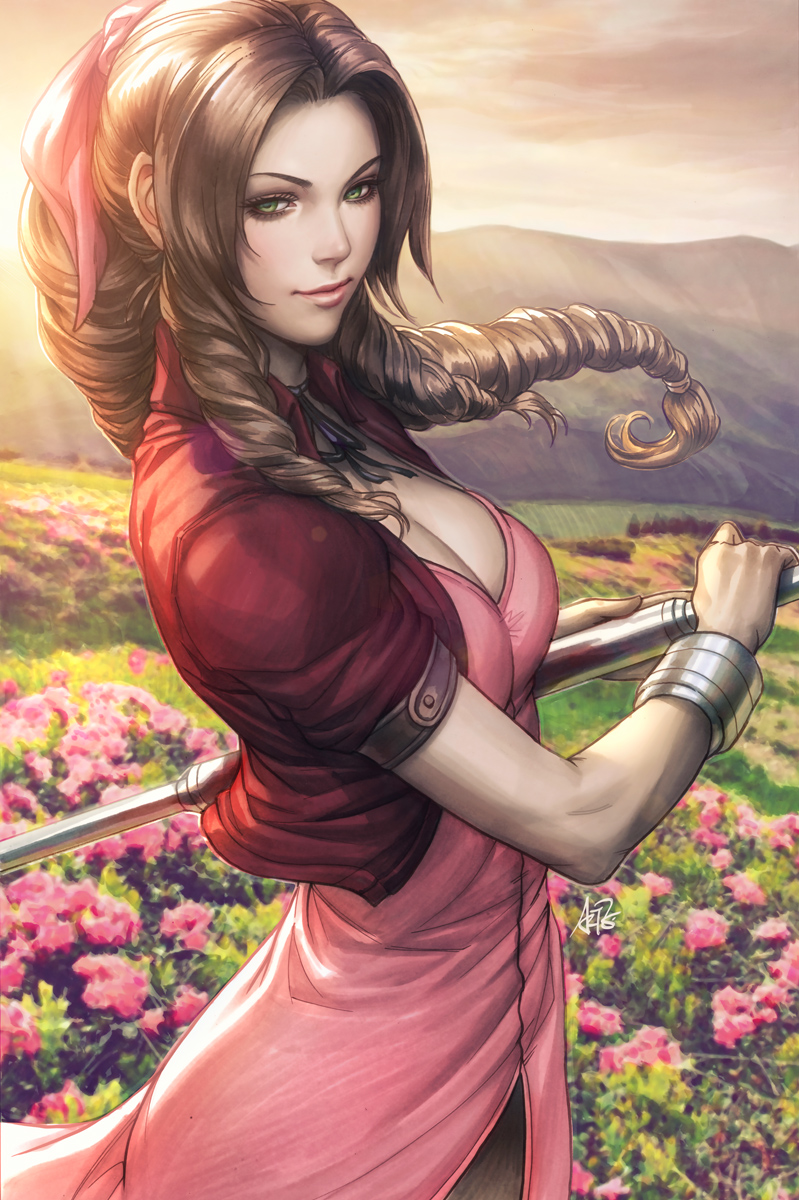 1girl aerith_gainsborough bow bracelet braid breasts brown_hair cleavage closed_mouth dress field final_fantasy final_fantasy_vii flower flower_field green_eyes hair_bow highres lips long_hair mountain neck_ribbon pink_dress polearm ribbon signature solo staff stanley_lau sunlight weapon wrist_cuffs