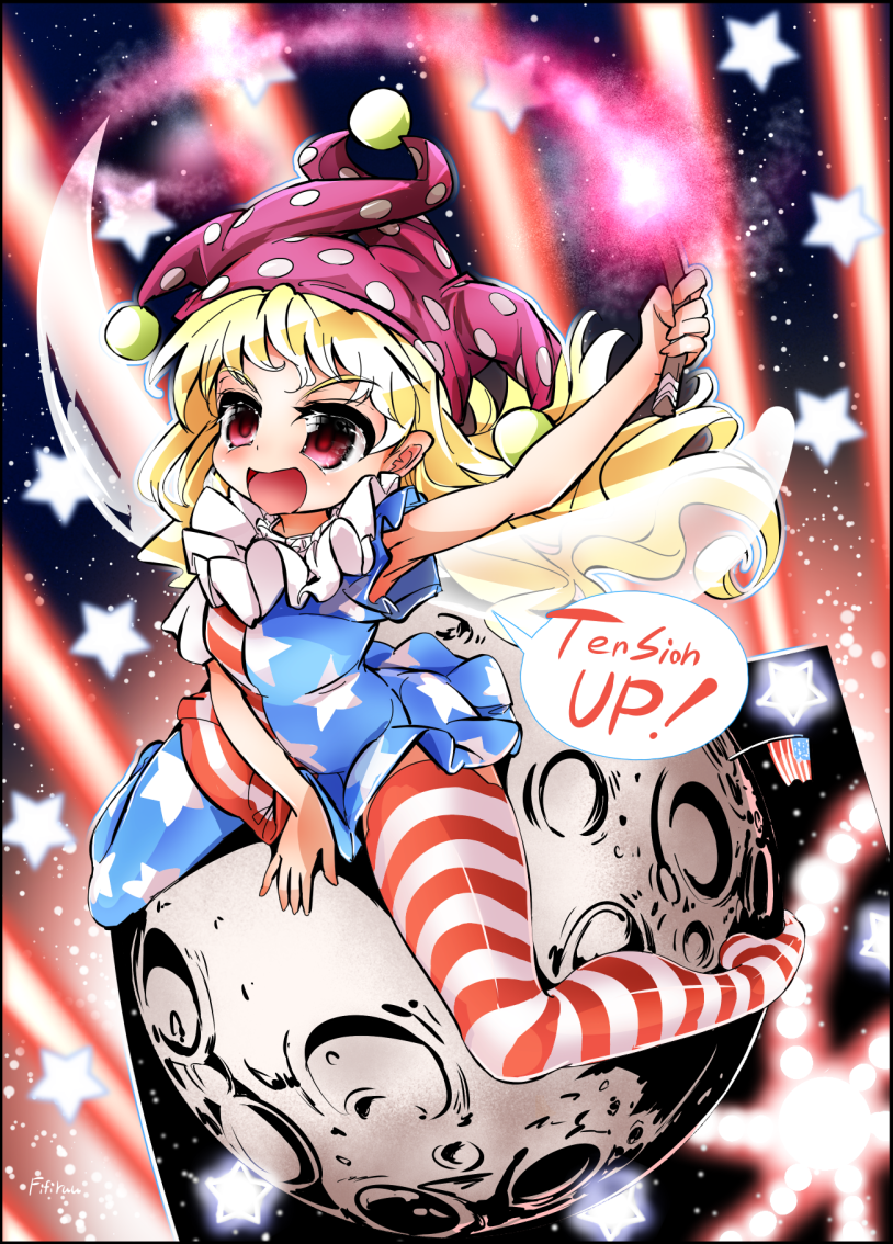 1girl alternate_legwear american_flag american_flag_legwear american_flag_shirt armpits artist_name beam blonde_hair clownpiece commentary_request danmaku english fairy_wings fifiruu frame hat jester_cap legs long_hair moon open_mouth outstretched_arm reflective_eyes riding romaji short_sleeves small_breasts solo space star thigh-highs thighs torch touhou very_long_hair violet_eyes wings