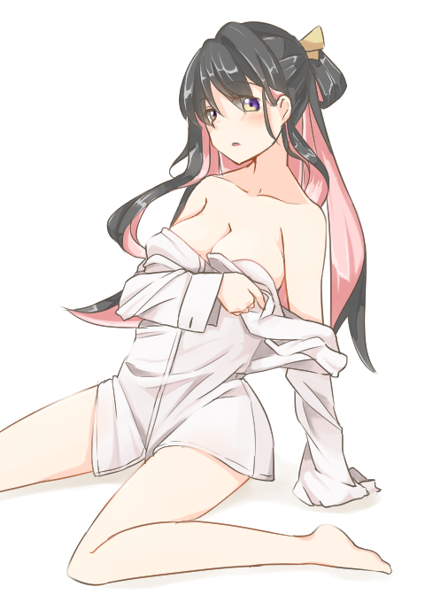 1girl arm_support black_hair blush breasts cleavage collarbone covering covering_breasts full_body kantai_collection large_breasts leaning_back long_hair looking_at_viewer multicolored_eyes multicolored_hair naganami_(kantai_collection) naked_shirt off_shoulder parted_lips pink_hair sayaka_(lamentoso) shirt simple_background solo two-tone_hair violet_eyes white_background white_shirt yellow_eyes