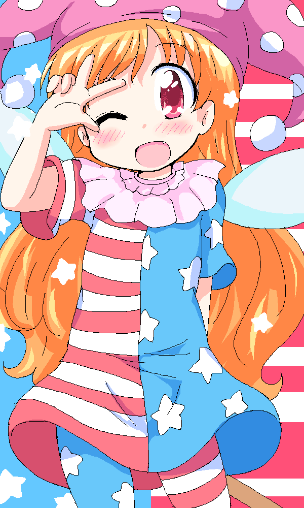 1girl ;d american_flag_dress american_flag_legwear blonde_hair blush clownpiece fairy_wings fang geetsu hat jester_cap long_hair looking_at_viewer mspaint one_eye_closed open_mouth pantyhose smile solo touhou v_over_eye w wavy_hair wings