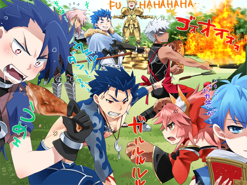 animal_ears apron archer armor barbecue_party bare_shoulders bell blonde_hair blue_hair caster_(fate/extra_ccc) collar cu_chulainn_(fate/grand_order) detached_sleeves eating fate/grand_order fate_(series) fighting fire gilgamesh hair_ribbon japanese_clothes jewelry lancer lancer_(fate/prototype) laughing_man long_hair multiple_boys open_mouth pink_hair ponytail red_eyes ribbon rider_of_black tamamo_cat_(fate/grand_order) translation_request yellow_eyes