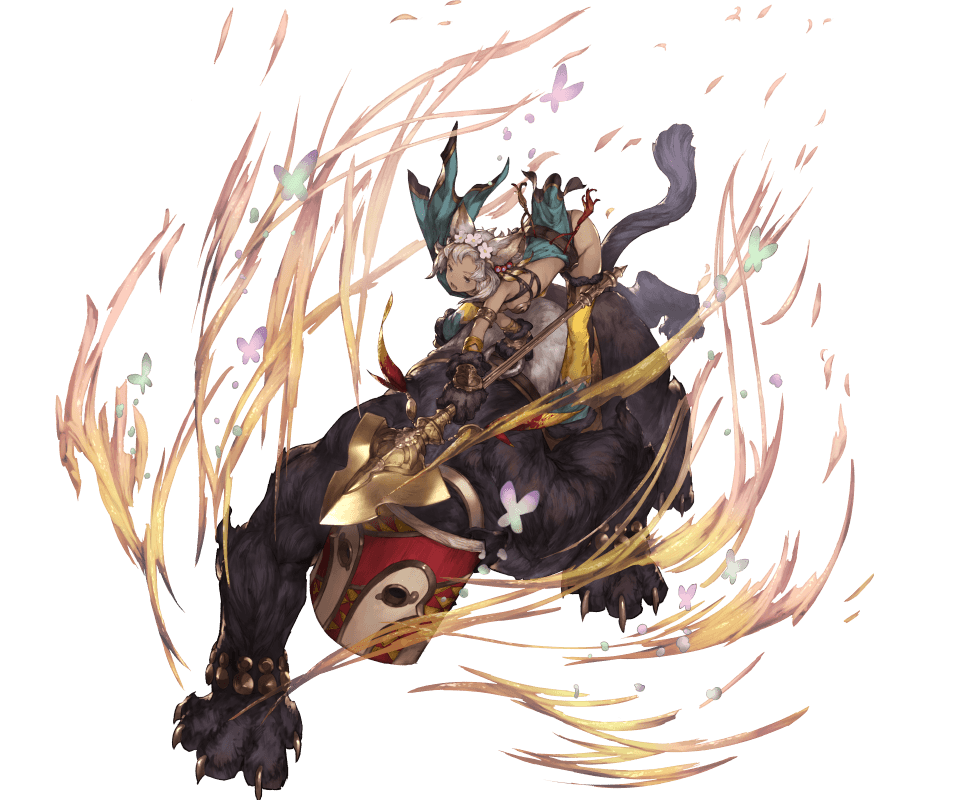 1girl animal_ears armlet bare_shoulders belt bent_over blue_eyes butterfly cat_ears cat_paws claws comic dark_skin dress feathers flower full_body granblue_fantasy grey_hair hair_flower hair_ornament holding holding_weapon meruu_(granblue_fantasy) minaba_hideo official_art open_mouth paws pelvic_curtain polearm riding short_hair side_slit sitting solo sparkle spear thigh-highs transparent_background weapon yellow_legwear