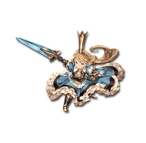 1girl armor armored_boots armored_dress blonde_hair blue_dress blue_eyes boots breastplate charlotte_(granblue_fantasy) crown dress frilled_dress frills full_body gauntlets granblue_fantasy holding holding_sword holding_weapon long_hair lowres minaba_hideo official_art pointy_ears solo sword transparent_background weapon