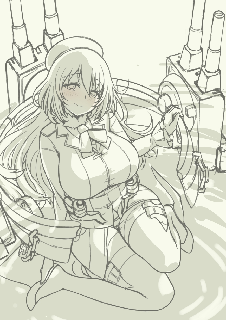 1girl atago_(kantai_collection) beret blush breasts cannon full_body hat highres huge_breasts kantai_collection lineart long_hair mecha_musume pas_(paxiti) solo