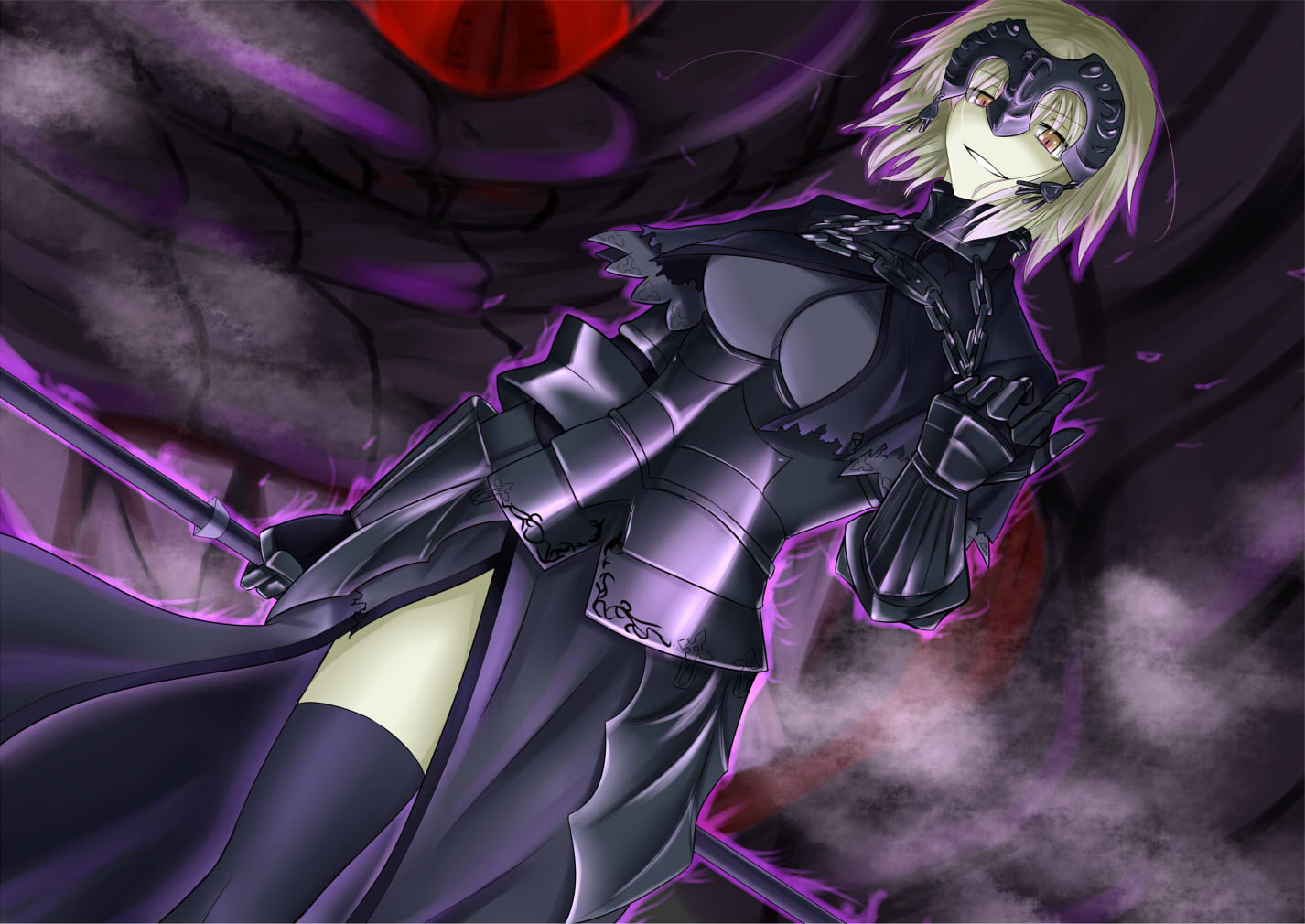 1girl armor armored_dress aura blonde_hair breasts brown_eyes capelet chain evil_grin evil_smile fate/grand_order fate_(series) gauntlets grin headpiece ikinokorubatu jeanne_alter large_breasts long_hair pale_skin ruler_(fate/apocrypha) slit_pupils smile solo staff thigh-highs