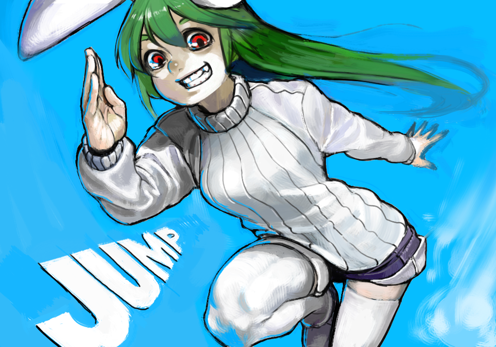 1girl animal_ears attall character_request green_hair grin long_hair rabbit_ears red_eyes ribbed_sweater running salute sharp_teeth shorts smile solo sweater thigh-highs turtleneck white_legwear zettai_ryouiki