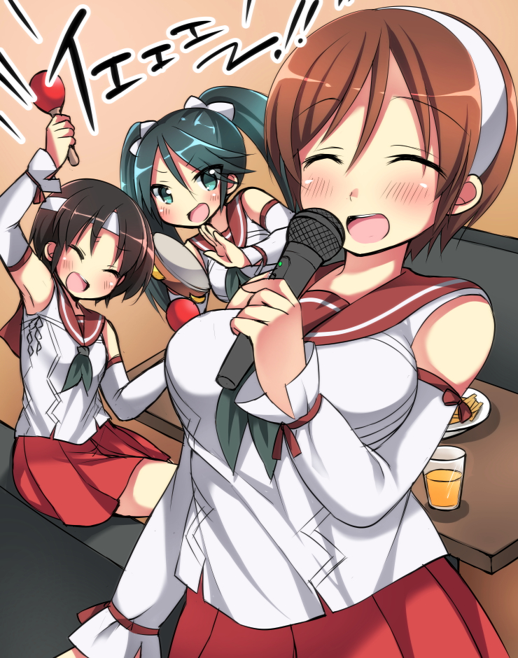 3girls :d ^_^ bare_shoulders black_hair blush breasts closed_eyes detached_sleeves drinking_glass food green_eyes green_hair hair_ornament hair_ribbon hairband headband instrument isuzu_(kantai_collection) kantai_collection karaoke large_breasts long_hair looking_at_viewer maracas microphone multiple_girls nagara_(kantai_collection) natori_(kantai_collection) open_mouth pleated_skirt ponytail ribbon school_uniform serafuku short_hair side_ponytail singing sitting sk02 skirt smile table tambourine translation_request twintails