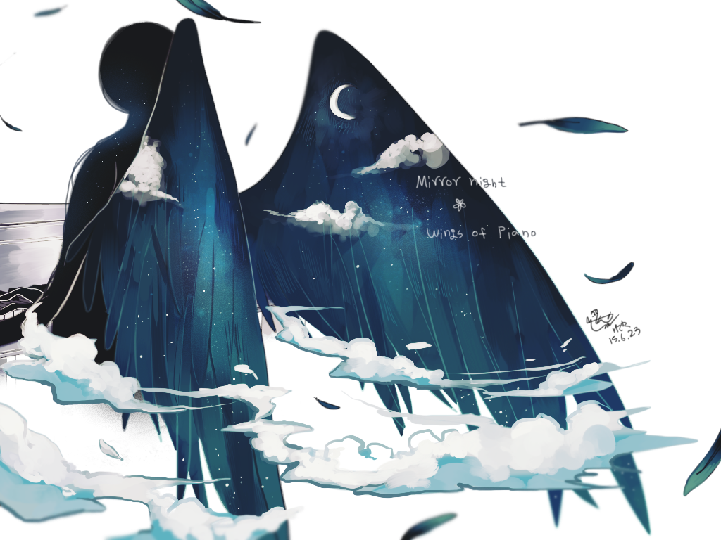clouds deemo deemo_(character) feathers hzrn_(ymj924) instrument moon night night_sky piano sky solo star wings