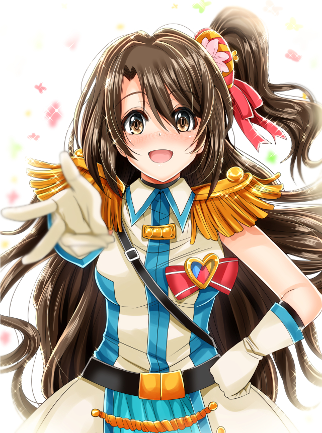 1girl backlighting badge belt blush brown_eyes brown_hair elbow_gloves epaulettes gloves hair_ornament hair_ribbon hand_on_hip idolmaster idolmaster_cinderella_girls inu_(marukome) long_hair looking_at_viewer military military_uniform one_side_up open_mouth outstretched_hand ribbon shimamura_uzuki shirt side_ponytail skirt smile solo sparkle uniform white_gloves