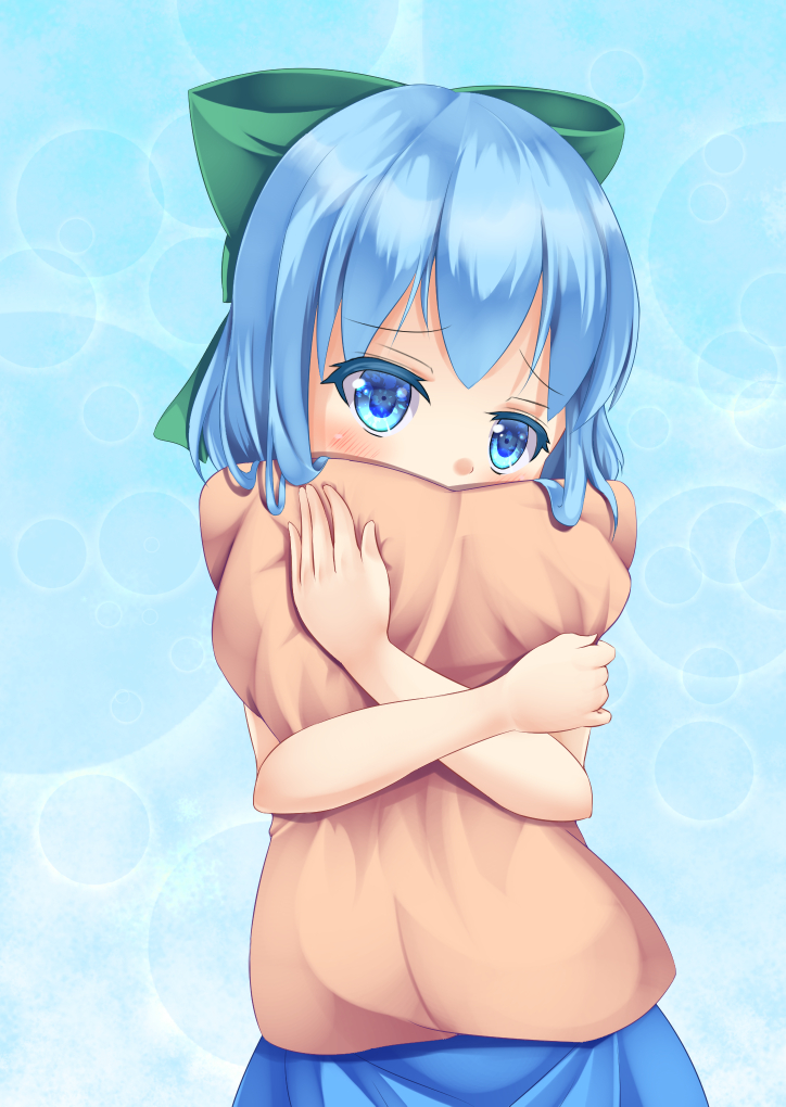 1girl blue_background blue_eyes blue_hair cirno commentary_request covering_mouth crossed_arms dress hair_ribbon kirimori_toya looking_at_viewer pillow pillow_hug ribbon short_hair simple_background solo touhou upper_body
