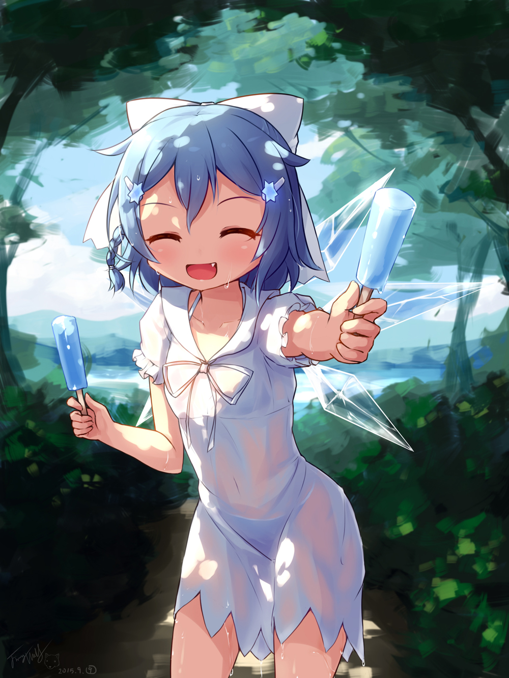 1girl adapted_costume alternate_costume blue_eyes blue_hair bow bra_strap cirno closed_eyes cowboy_shot dress dripping facing_viewer fang forest giving hair_bow highres langbazi nature open_mouth outdoors popsicle see-through short_hair short_sleeves smile solo touhou wet wet_clothes white_dress wings