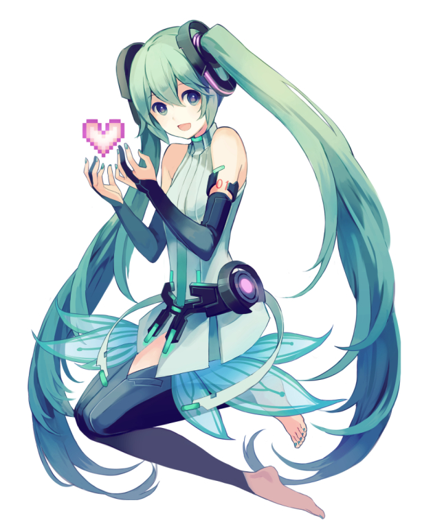 1girl blue_eyes bridal_gauntlets choke_(amamarin) elbow_gloves gloves green_hair hatsune_miku heart long_gloves miku_append see-through simple_background smile thigh-highs twintails vocaloid vocaloid_append white_background