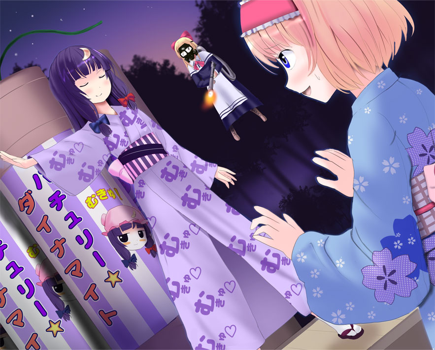 3girls a_(aaaaaaaaaaw) alice_margatroid blonde_hair blue_bow blue_eyes blush bow closed_eyes commentary_request crescent_hair_ornament female flamethrower floral_print gas_mask hair_bow hair_ornament hairband hat heart japanese_clothes kimono lolita_hairband long_hair mob_cap mukyuu multiple_girls no_hat obi patchouli_knowledge purple_hair red_bow sandals sash shanghai_doll short_hair socks star sweat touhou translated tree twintails vertical_stripes weapon yukata