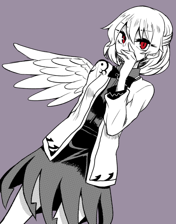 1girl covering_mouth kaya_rio kishin_sagume open_mouth red_eyes single_wing solo spot_color touhou wings