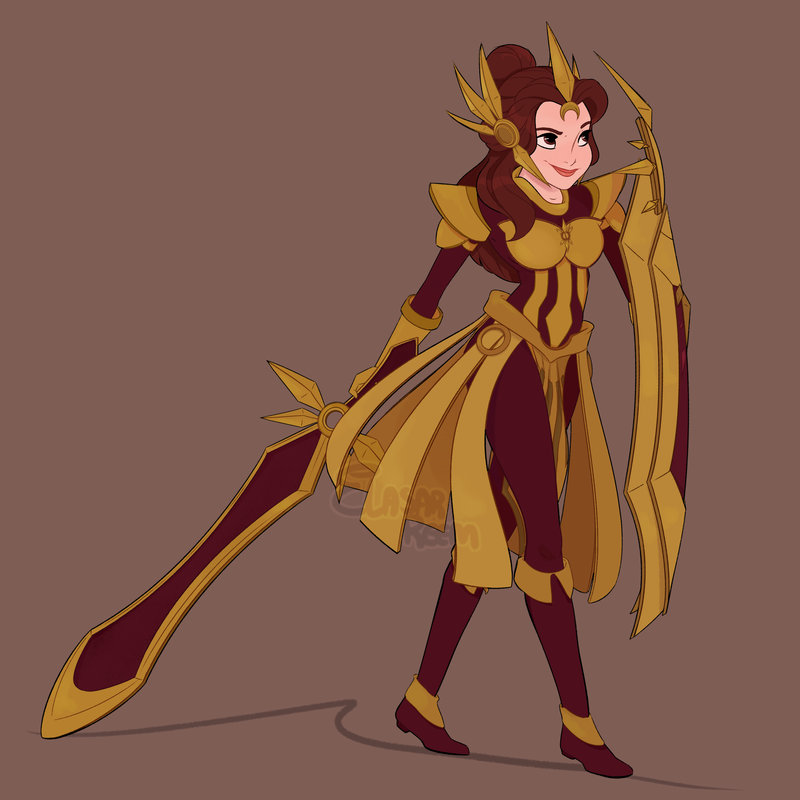 armor beauty_and_the_beast belle_(disney) brown_hair crossover disney dreemers league_of_legends leona_(league_of_legends) riot_games shield sword weapon