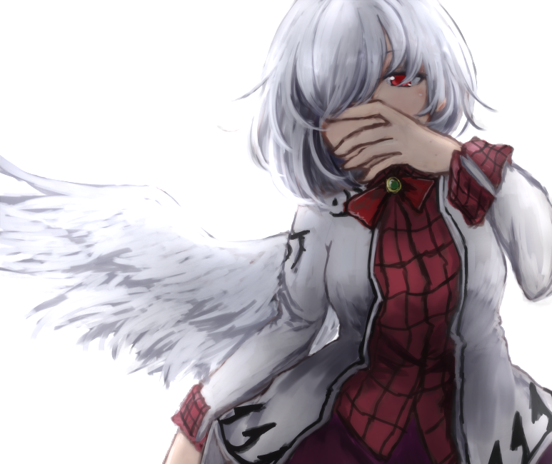 1girl angel_wings bow breasts brooch collared_shirt covering_mouth cowboy_shot dress feathered_wings hair_over_one_eye jacket jewelry kishin_sagume long_sleeves looking_to_the_side plaid plaid_shirt purple_dress red_eyes shirt short_hair silver_hair single_wing solo sunaya_yanokura touhou white_background wings