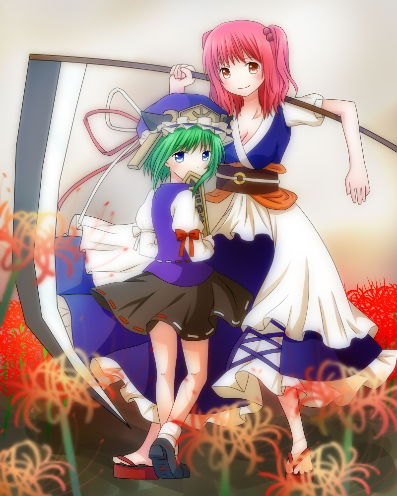 2girls blue_eyes blurry breasts carrying cleavage covering_mouth depth_of_field flower from_behind gradient gradient_background green_hair hair_bobbles hair_ornament hat juliet_sleeves korin_(ra-sky07) layered_dress long_sleeves looking_at_viewer looking_back multiple_girls onozuka_komachi puffy_sleeves red_eyes redhead rod_of_remorse sandals scythe shiki_eiki short_hair short_sleeves shoulder_carry skirt smile spider_lily touhou twintails vest wind