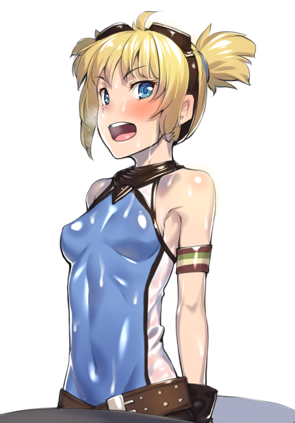 1girl arm_strap bare_shoulders belt blonde_hair blue_eyes blush covered_navel goggles goggles_on_head granblue_fantasy h_kasei hot looking_at_viewer open_mouth pengi_(granblue_fantasy) see-through shirt sleeveless sleeveless_shirt solo sweat sweating two_side_up upper_body wet wet_clothes wet_shirt