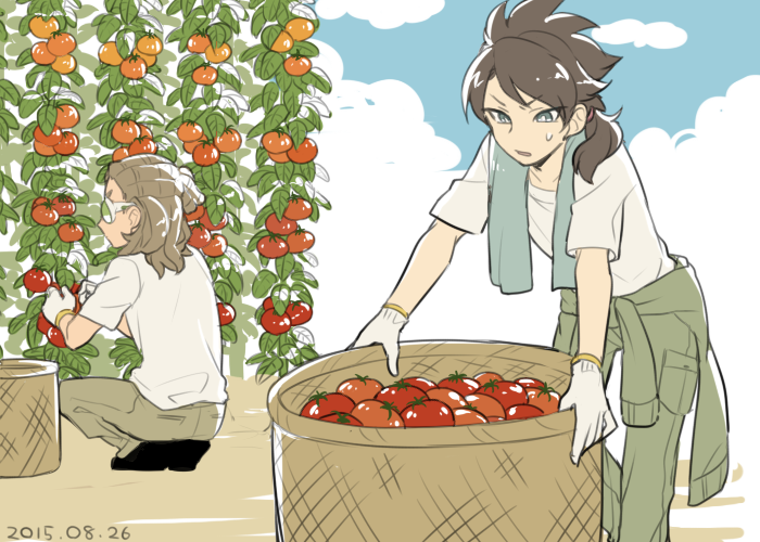 2boys basket blue_sky brown_hair clouds dated fudou_akio gloves goggles hairlocs inazuma_eleven_(series) inazuma_eleven_go kidou_yuuto long_hair male_focus multiple_boys older outdoors overexposure saku_anna sky squatting sweat tomato