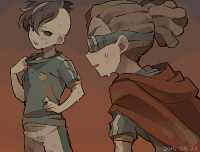 2boys brown_hair dated dirty dirty_clothes fudou_akio goggles hairlocs inazuma_eleven inazuma_eleven_(series) inazuma_japan kidou_yuuto male_focus multicolored_hair multiple_boys open_mouth red_cape saku_anna short_hair soccer_uniform sportswear sweat two-tone_hair