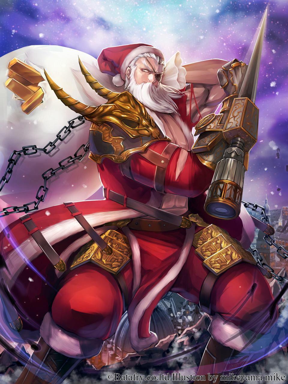 1boy armor beard chain copyright_request eyepatch facial_hair fantasy gauntlets gloves gold_bar hat highres leg_armor mikeyama_mike muscle official_art old_man one_eye_covered sack santa_claus santa_hat shoulder_armor snow solo spiked_gloves weapon white_hair