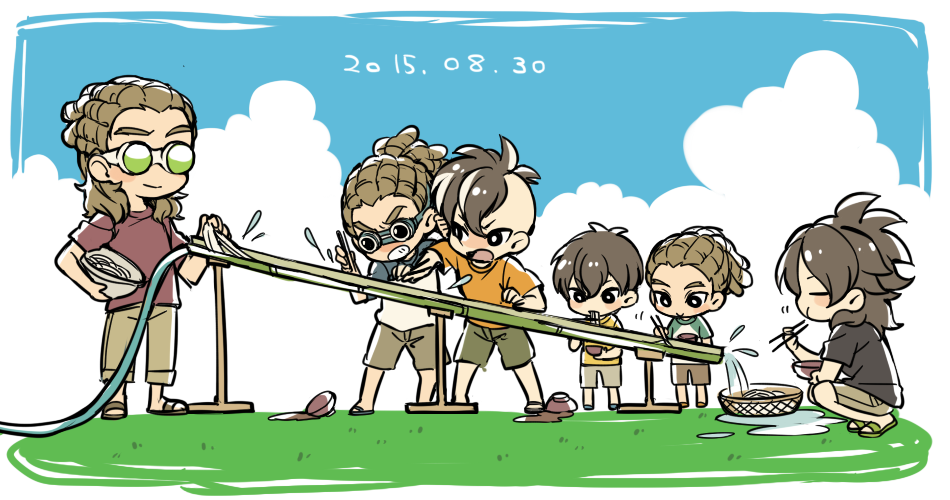 2boys blue_sky bowl brown_hair chopsticks clenched_teeth clouds dated eating food fudou_akio goggles grass hairlocs inazuma_eleven inazuma_eleven_(series) inazuma_eleven_go kidou_yuuto long_hair male_focus multiple_boys multiple_persona nagashi_soumen noodles older open_mouth outdoors saku_anna sandals short_hair sky smile squatting standing water younger