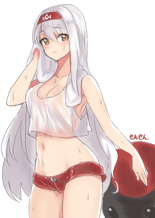 1girl artist_name breasts brown_eyes cleavage dripping groin hairband kantai_collection long_hair midriff navel parted_lips sensen shorts shoukaku_(kantai_collection) simple_background solo sweat sweating towel white_background white_hair wiping_sweat
