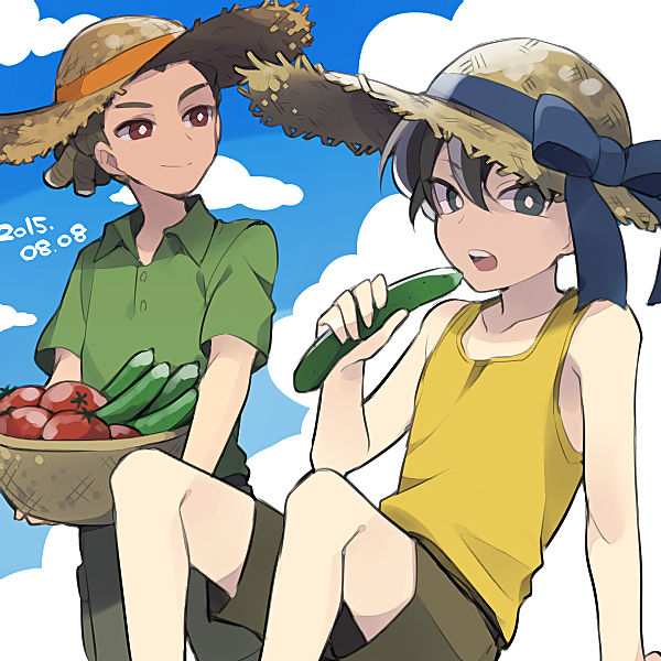 2boys arm_support basket blue_sky brown_hair carrying clouds cucumber dated eating fudou_akio hairlocs hat inazuma_eleven inazuma_eleven_(series) kidou_yuuto male_focus multiple_boys open_mouth outdoors saku_anna sitting sky sun_hat tomato