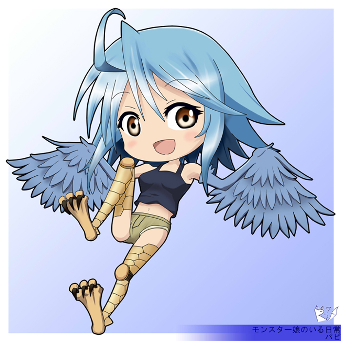 1girl :d ahoge blue_hair blue_wings breasts brown_eyes character_name chibi copyright_name feathered_wings full_body harpy monster_girl monster_musume_no_iru_nichijou navel open_mouth papi_(monster_musume) rikuto_kemo scales short_shorts shorts smile solo talons wings